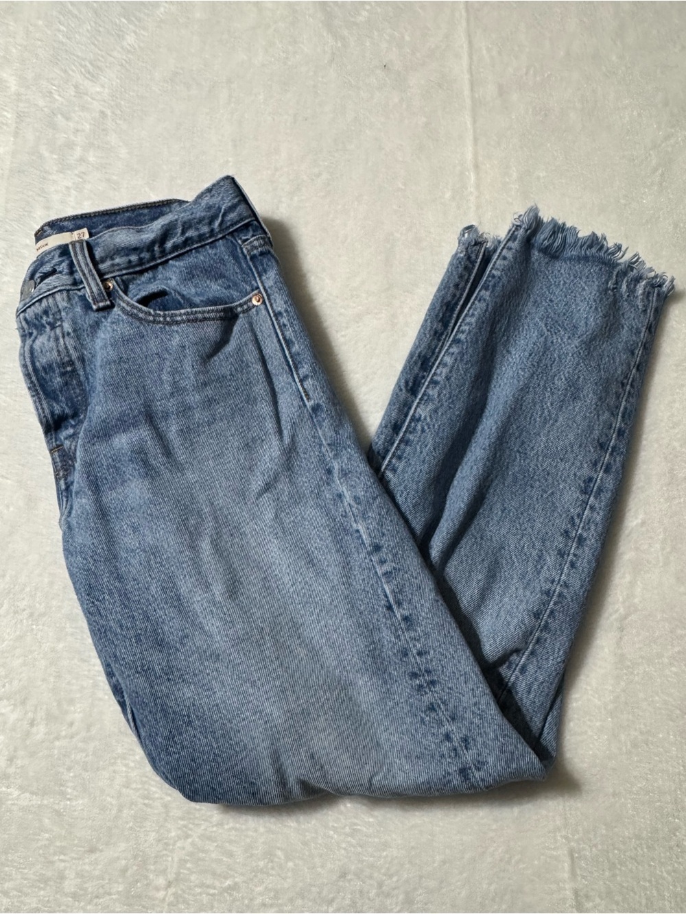 Levi button fly wedgie distressed hem jeans